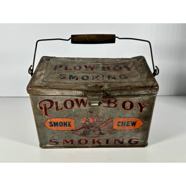 Antique Plow Boy Chewing Smoking Tobacco Lunch Pail Tin For Sale - Image 6 of 10