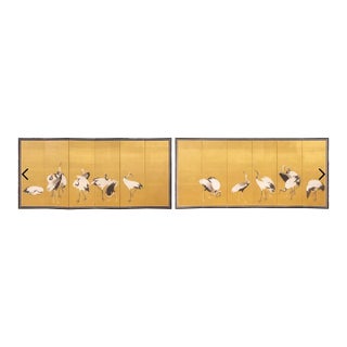 18c Edo Japanese Screens Pair Cranes Gold Leaf on Paper Signed Antique Framed Set of Two Folding Byobu For Sale