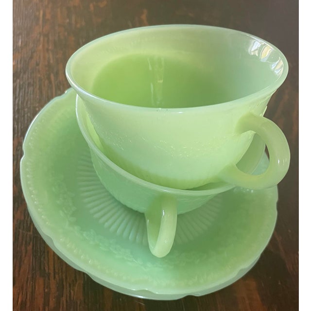 Anchor Hocking fire king jade green milk glass teacup + plate pair! Just lovely! These were manufactured between 1945-1948...