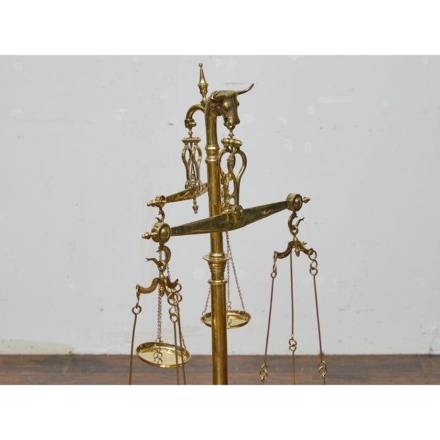Large 19th Century English Brass Scale With Weights and Bull Finial For Sale In Atlanta - Image 6 of 16