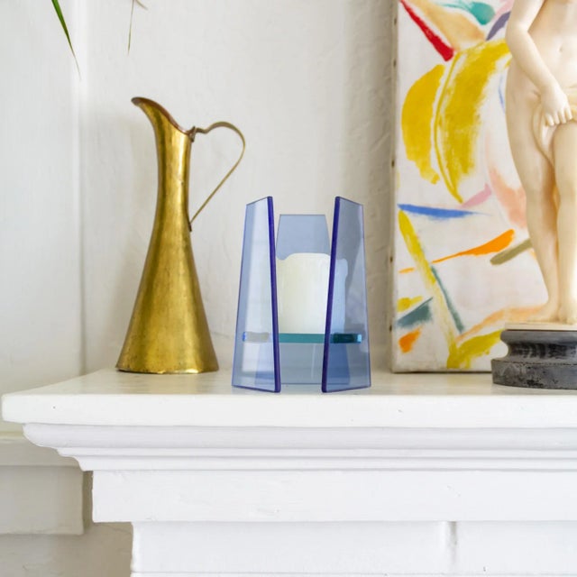 Postmodern Blue Glass Geometric Candle Holder or Sculpture For Sale - Image 4 of 13