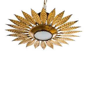 1950s Spanish Gilt Metal Sunburst Semi Flush Mount Fixture or Pendant Lamp