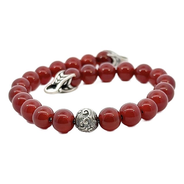 1990s David Yurman Carnelian Carved Prayer Beads Bracelet 8.5" Silver Estate For Sale