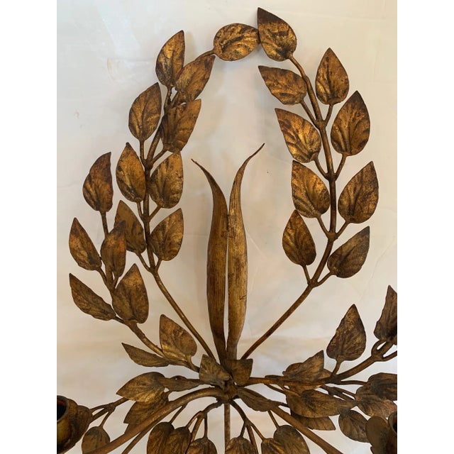 Gold Italian Gilded Iron & Tole Leaf Motife Candelabra Sconces -A Pair For Sale - Image 8 of 10