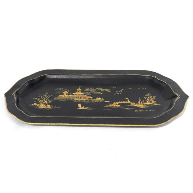 Black Hand-Painted Chinoiserie Art Deco Metal Tray For Sale - Image 4 of 12