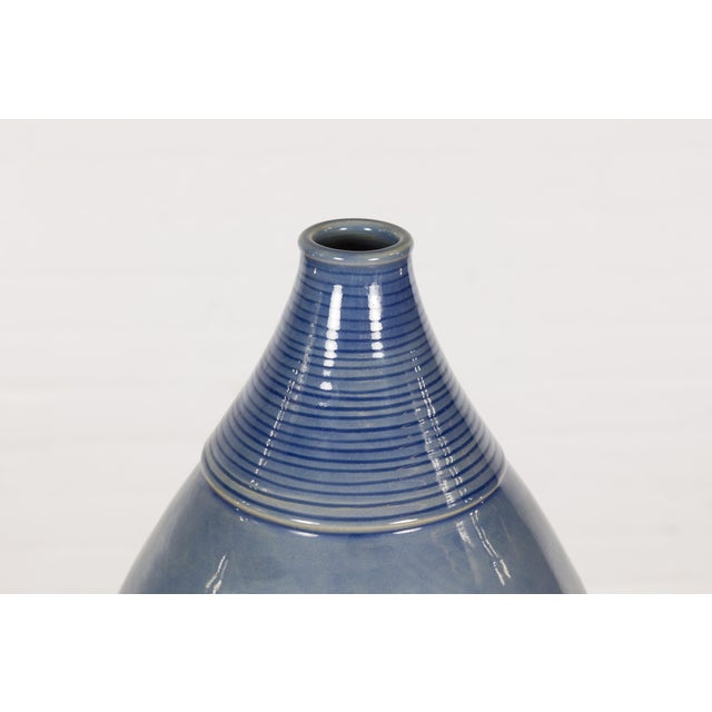 Artisan Made Prem Collection Tall Blue Glazed Vase with Striated Motifs For Sale In New York - Image 6 of 12