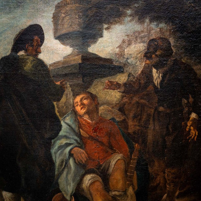 Egidio Dall'oglio, Boy with Lute and Two Fighting Men, 1800s, Oil on Canvas For Sale - Image 7 of 15