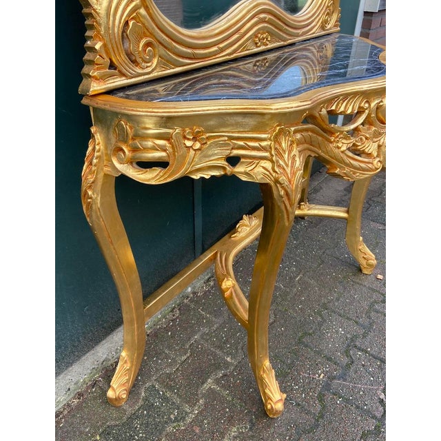 Mid 20thC French Louis XVI Rococo Gold Console Table With Mirror - Set of 2 Pc For Sale - Image 9 of 11