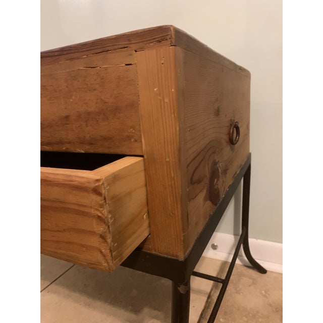Vintage Mexican Rustic Pine Side Table Nightstand Wrought Iron Base Brutalist For Sale - Image 10 of 11