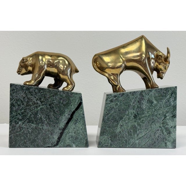 Mid 20th Century Vintage Wall Street Bull and Bear Brass on Marble Block Bookends For Sale - Image 5 of 8