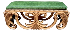 Vintage Gilded Gold Wood Upholstered Green Faux Croc Rococo French Carved Louis XIV Style Bench