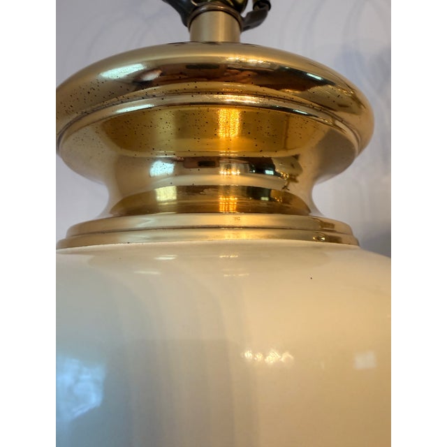 Vintage Hollywood Regency Brass & Cream Ceramic Drape Table Lamps - A Pair For Sale - Image 4 of 12