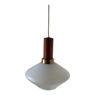 1960s Mid-Century Modern Teak and Opaline Glass Pendant Light Scandinavian Ceiling Lamp For Sale