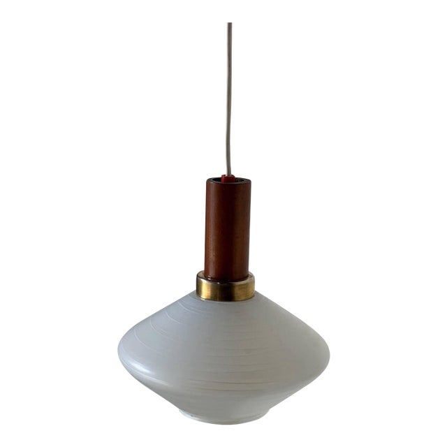 1960s Mid-Century Modern Teak and Opaline Glass Pendant Light Scandinavian Ceiling Lamp For Sale