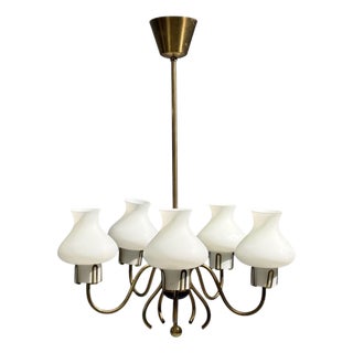 Swedish Modern, Pendant Light, Brass, Opal Glass, Sweden, 1950s For Sale