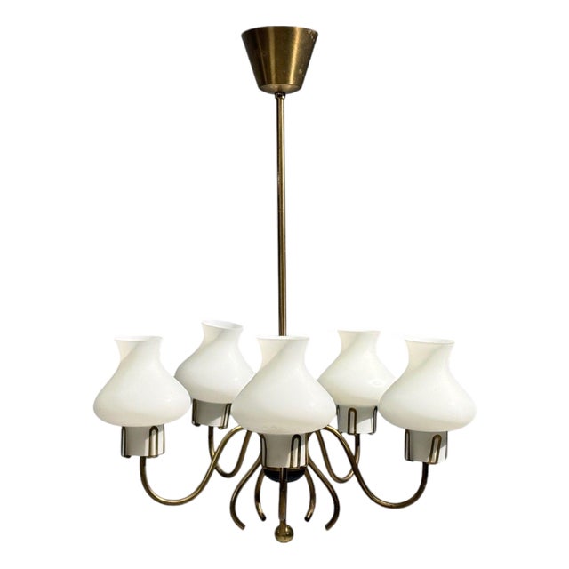Swedish Modern, Pendant Light, Brass, Opal Glass, Sweden, 1950s For Sale