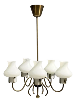Swedish Modern, Pendant Light, Brass, Opal Glass, Sweden, 1950s