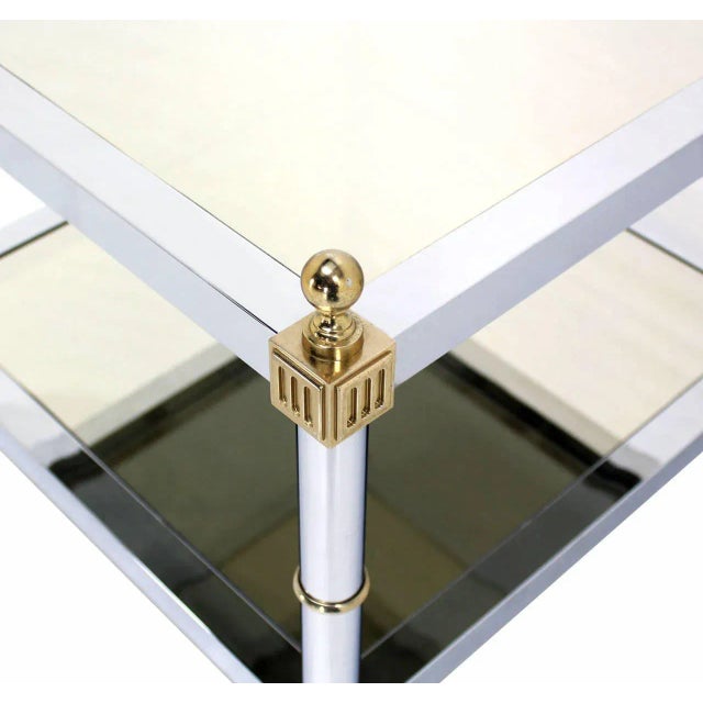 Silver Vintage Mid Century Chrome Brass and Smoked Glass Square End or Side Tables- a Pair For Sale - Image 8 of 11