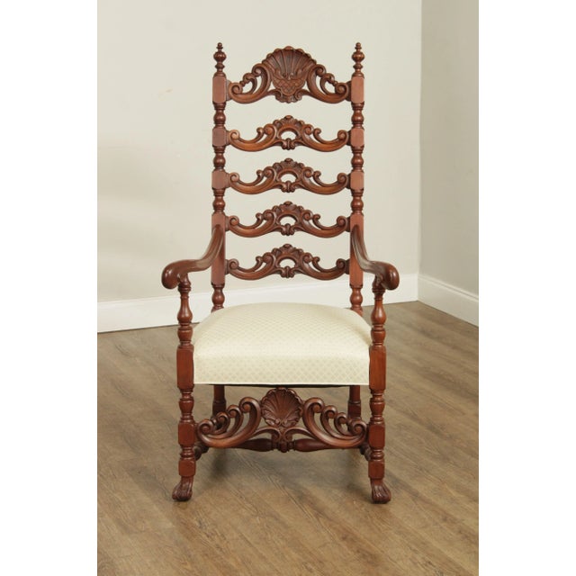 High Quality 20th Century Solid Walnut Frame Ladder Back Arm Chair Featuring Pierced and Carved Rails with Shell Motif and...