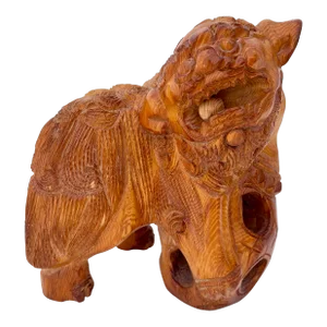 Hand Carved Wood Komainu Foo Dog Figure
