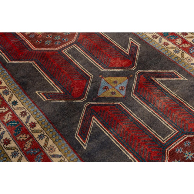 Charcoal Vintage Caucasian Kazak Wool Runner Rug With Double Eagle Motif & Charcoal Field For Sale - Image 8 of 9