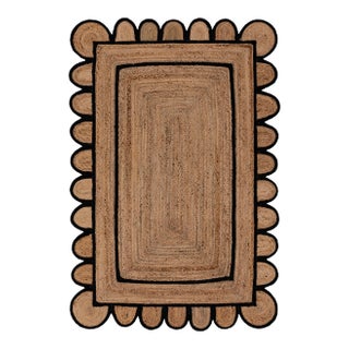 6'x9' Black Trim Jute Scallop Braided Handmade Rug For Sale