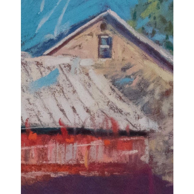The artwork depicts a rustic barn scene bathed in morning light, where long shadows stretch across the vibrant green...