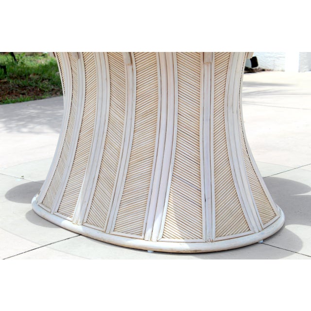 Vintage Hollywood Regency Style Flower Pencil Reed Rattan Pedestal Dining Table With Oval Glass Top For Sale - Image 15 of 18