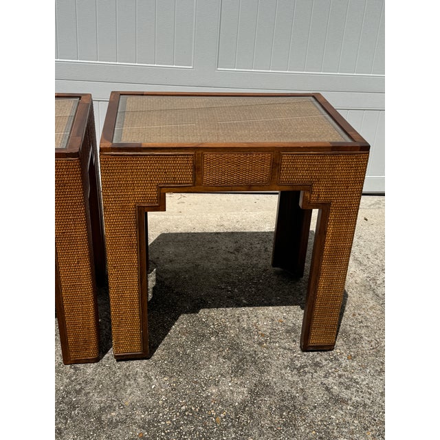 MCM Harrison Van Horn Style Woven Rattan Parsons Side Tables - A Pair For Sale - Image 9 of 12