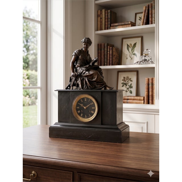 Napoleon III Euterpe Mantel Clock in Patinated Spelter by Japy Frères, 19th Century, in Good conditions. Designed before...