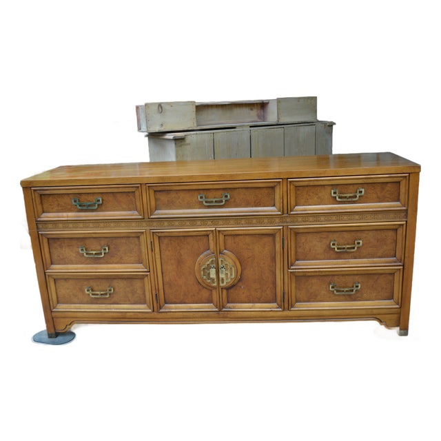 Vintage Henry Link Mandarin Collection Burlwood Triple Dresser / Chest of Drawers Credenza For Sale