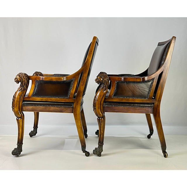 Pair of Theodore Alexander Regency Style Carved Lion & Hairy Paw Caster Armchairs in Brown Leather For Sale - Image 6 of 17