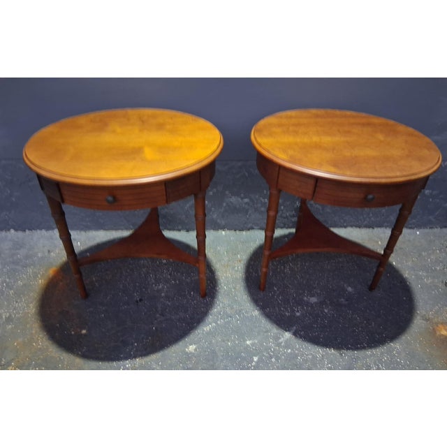 Pair Vintage Traditional style Faux Bamboo Walnut Round End/ Side Tables by Lane Furniture. Lovely pair and very good...