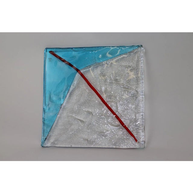"Aquilone" 1980s Hand Cast "Colato" Murano Art Glass Tile in Aqua-Red-Crystal. A flight of a kite inspired Mauro Marzollo...