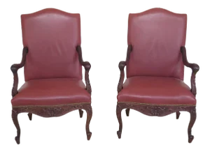 1980s Vintage Old Hickory Tannery Leather Carved Walnut Arm Chairs- A Pair