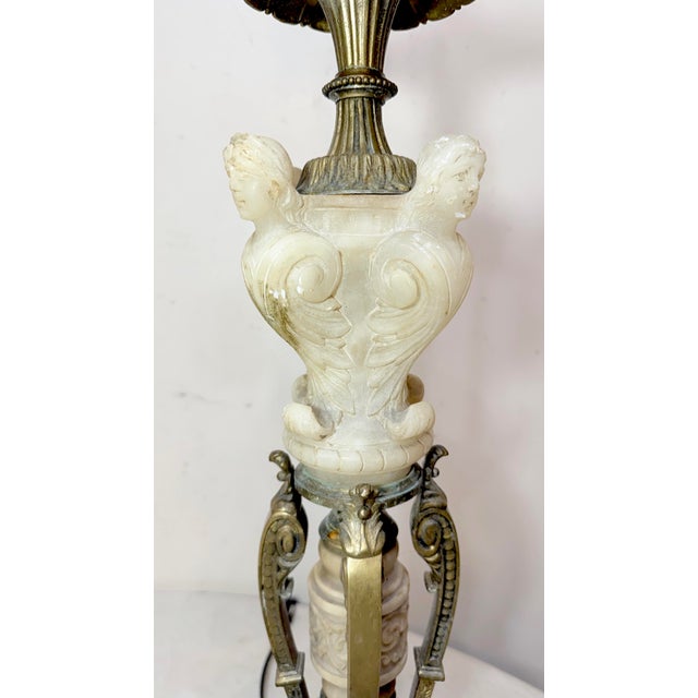 Large Antique Ornate Hand Carved Figural Alabaster Cast Iron Electric Table Lamp For Sale - Image 9 of 13