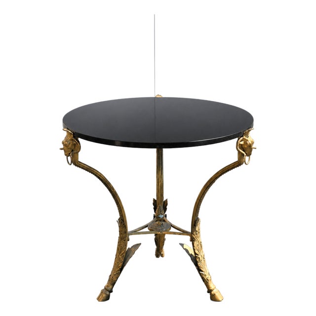 Late 20th Century French Round Bronze Gueridon Style Table Rams Heads and Feet With Granite Top For Sale