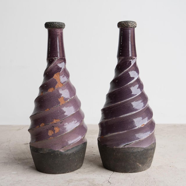 Pair of Vintage Twisted Violet Glazed Terracotta Pottery Vases, Mid 20th Century For Sale - Image 6 of 13