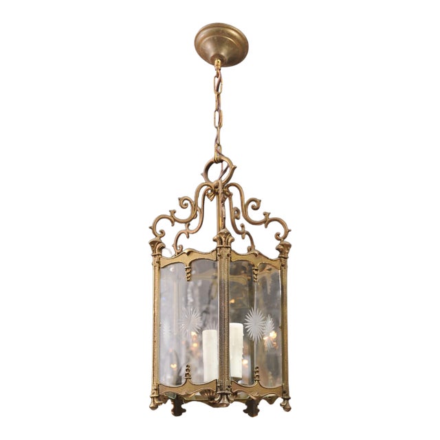 1930s French Gilt Lantern With Sunburst Etched Panels For Sale