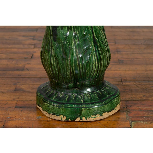 Early 20th Century Antique Vietnamese Green Glazed Pedestal with Foliage Design and Diamond Motifs For Sale - Image 5 of 10
