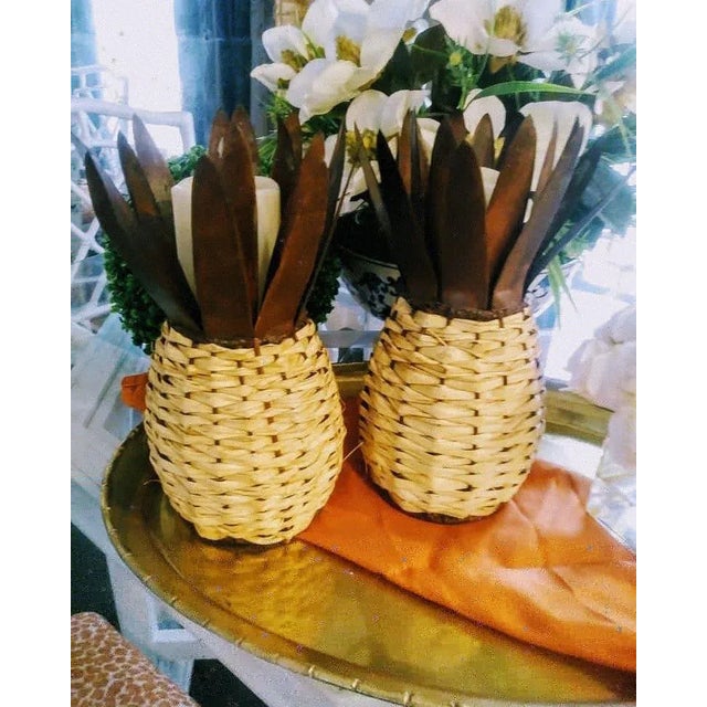 Weaved Wicker Pineapple Pillar Candle Holder Accessories - a Pair For Sale In West Palm - Image 6 of 6