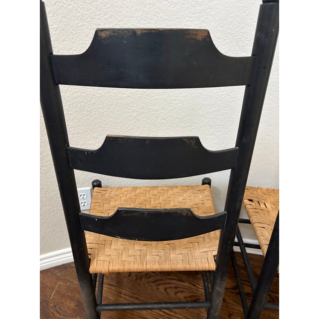 Black Vintage Primitive Ladder Back Chairs With Handwoven Rush Seats – Pair For Sale - Image 8 of 12