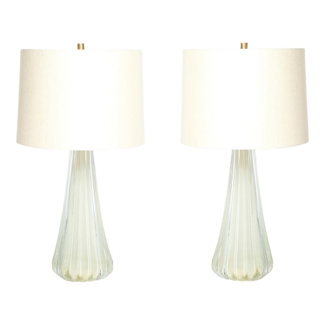 Modernist Hand-Blown Fluted Oyster Murano Glass & Brass Table Lamps For Sale