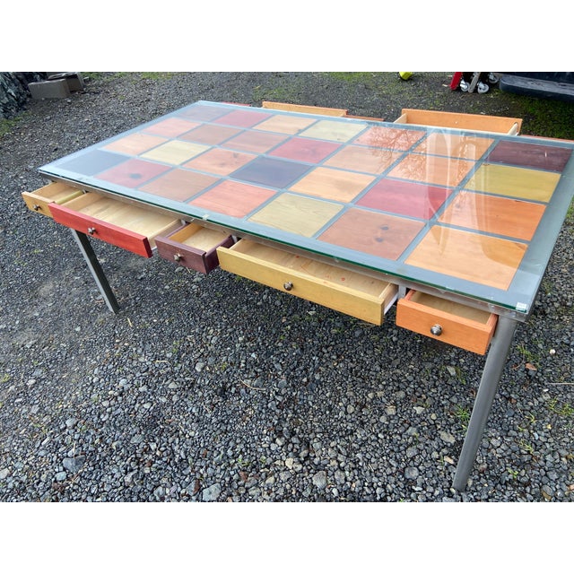 Venezia Furniture Modern Brushed Steel Table Partners Desk With Wooden Squares Tiles and Glass Top For Sale - Image 9 of 12
