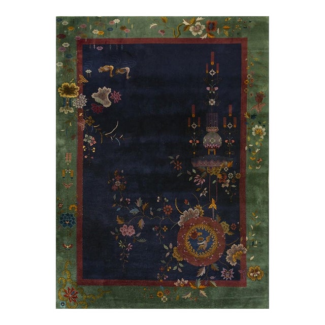 1920s Navy Blue Floral Vase Antique Chinese Art Deco Carpet 8' 10" X 11' 6" Rug For Sale