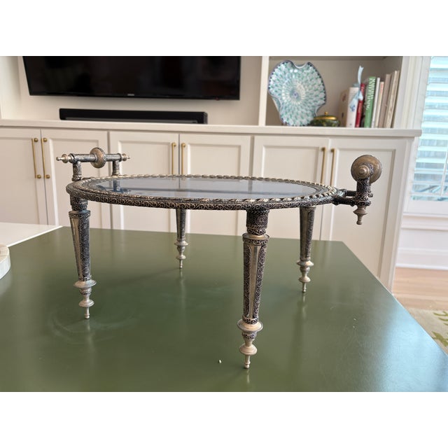 Vintage Moroccan Chased Silver-Tone Footed Tray Table With Glass Top & Turned Finial Legs For Sale - Image 4 of 4