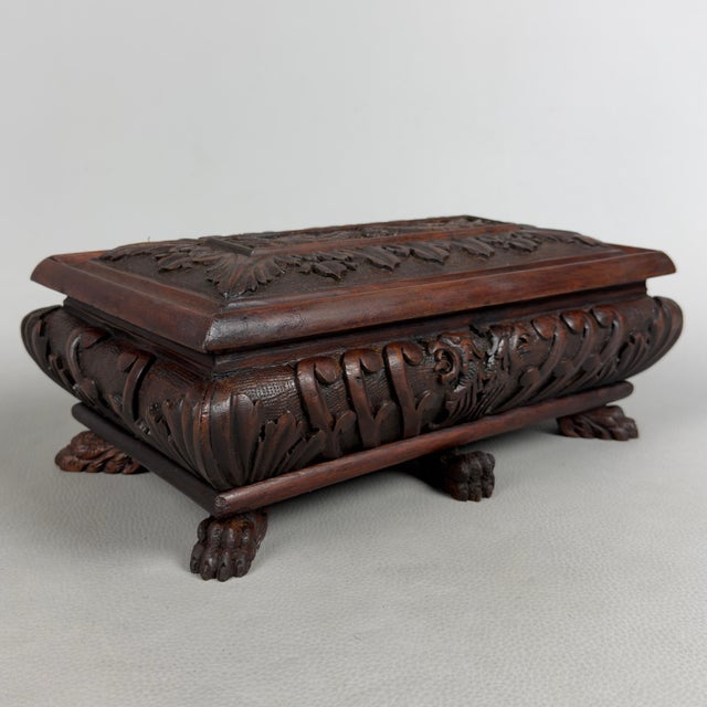 Antique Carved Wooden Chest with Mythological Creatures and Lion Feet, 20th Century For Sale - Image 14 of 14