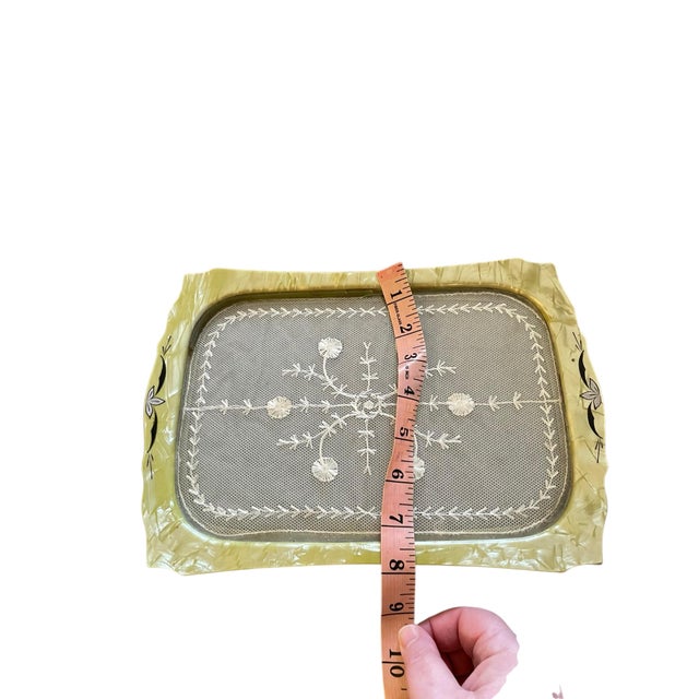 Glass Vintage Art Deco Yellow Luster Celluloid Glass Vanity Dresser Tray Lace Inset For Sale - Image 7 of 7