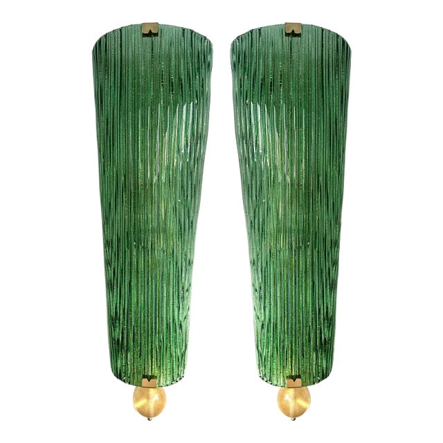 Large Contemporary Pair of Brass and Green Gold Leaf Murano Glass Sconces, Italy For Sale