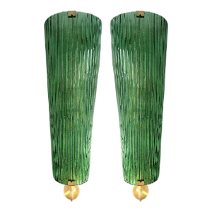 Large Contemporary Pair of Brass and Green Gold Leaf Murano Glass Sconces, Italy